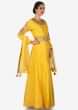 Chrome yellow anarkali suit in silk with french knot embroidered neckline only on Kalki