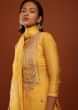 Chrome Yellow Straight Cut Palazzo Suit With Bandhani Print And Detailed Yoke In Gotta And Moti Work