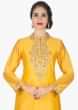 Chrome yellow straight palazzo suit with embroidered placket and hem only on Kalki