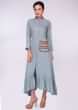 Cloud grey cotton tunic with embroidered collar and  pocket