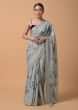 Cloud Grey Saree In Georgette Blend With Floral Print And Embroidered Border Online - Kalki Fashion