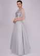 Cloud grey voluminous gown with self floral resham embroidered bodice