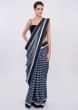 Cobalt blue and white striped linen saree with mirror embroidered border only on Kalki