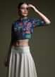 Cobalt Blue Crop Top With Kashmiri Hand Embroidery And Contrasting Off White Skirt 