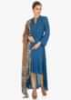 Cobalt blue front short and back long suit with printed dupatta