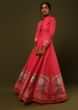 Coral Pink Anarkali Suit In Cotton Silk With Lehariya Printed Chevron Design And Bird Motifs On The Border  