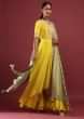Corn Yellow High Low Anarkali Suit With A Front Slit, Zardosi Embroidered Flowers And Sage Green Lurex Dupatta