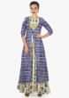 Cream cotton dress with  artistic print and a ong blue jacket only on kalki