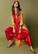 Crimson Red Cowl Jumpsuit Paired With A Contrasting Mustard Jacket Featuring Mandala Aari Embroidery  