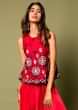 Crimson Red Top And Waterfall Palazzo Pants Set Adorned In Aari Embroidery  