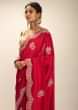 Crimson Red Saree In Dupion Silk With Gotta Patti And Zardosi Embroidered Floral Buttis And Scallop Border  
