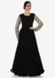 Black anarkali suit in crepe with thread embroidered sleeve only on Kalki