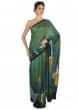 Dark green saree in abstract print with contrast border only on Kalki