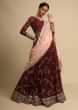 Dark Maroon Lehenga And Crop Top With Zari Embroidered Floral Jaal And A Pink Dupatta 