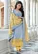Dull Blue Straight Suit In Chiffon With Checks And Floral Motif Embroidery  