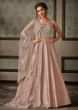 Dull pink anarkali suit featuring in raw silk with code thread embroidery