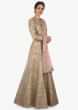 Dull grey anarkali gown with pink dupatta crafted with heavy zari resham embroidery work only on Kalki