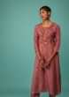 Dusty Rose Pink Kurta Set In Dola Silk With Kashmiri Thread Embroidery & 3D Floral Work