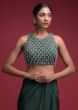 Emerald Green Crop Top With Cut Dana Embellished Checks And Bead Tassels