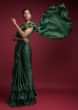 Emerald Green Ready Pleated Ruffle Saree In Milano Satin With Layered Ruffles On The Pleats  