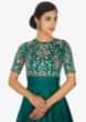Emerald green satin layered gown with bodice in resham thread embroidery