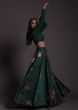 Emerald Green Floral Satin Skirt And Embroidered Crop Top With Gradient Sequins Work And Full Sleeves 