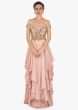 English Peach Layered Gown With French Knot Embroidered Bodice Online - Kalki Fashion