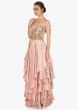 English Peach Layered Gown With French Knot Embroidered Bodice Online - Kalki Fashion