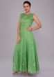 Fern green anarkali dress in multi color embroidery paired with pink net dupatta 