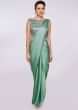 Fern green satin saree gown with kundan embroidered bodice 