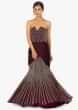 Fish tail strapless violet satin net gown with pleated cowl drape