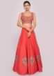 Floral embroidered coral lehenga set paired with long net jacket