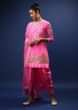 Fuchsia Salwar Suit In Georgette With Lehariya Print, Frill On The Border And Gotta Patti Embroidered Floral Motifs  