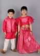 Kalki Girls Fuchsia Pink Lehenga And Crop Top With Organza Sleeves And Woven Design