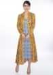 Geometric motif cotton tunic dress with mustard floral printed jacket