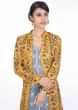 Geometric motif cotton tunic dress with mustard floral printed jacket