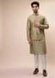 Gold Beige Nehru Jacket And Kurta Set With Resham And Mirror Embroidered Buttis  