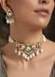Green And Gold Choker Necklace And Earrings Set Highlighted With Kundan And Shell Pearls By Paisley Pop