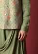 Green Nehru Jacket Set With Floral Print And Running Thread Embroidery Along With Cowl Kurta