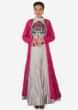 Grey Embroidered Crop Top Blouse And Skirt Matched With Pink Long Jacket Online - Kalki Fashion
