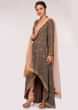 Grey front short back long suit in embroidery and butti with peach pant and  dupatta