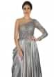 Grey gown adorn in tasseled bodice and cowl drape only on Kalki