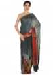 Grey shaded saree in abstract print with contrast blouse only on Kalki