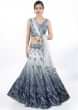 Grey shaded satin crepe  lehenga and blouse  in digital floral print with mint green net dupatta