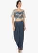 Greyish blue shaded dhoti suit enhanced in mirror and cut dana work only on Kalki