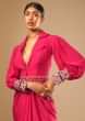 Hot Pink Dress With A Chunky Embroidered Bishop Sleeves And Collar Neckline  