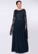 Indigo blue georgette gown with net embroidered bodice and fancy flared sleeves