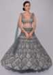 Iris blue net lehenga and blouse with  attached net  drape with side slits 