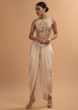 Ivory Tulip Dhoti And Crop Top Set With Embossed Floral Embroidery And High Neckline  