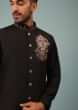 Kalki Caviar Black Bandi Jacket Set In Handloom Poly Wool With Multicolor Floral Butti Embroidery